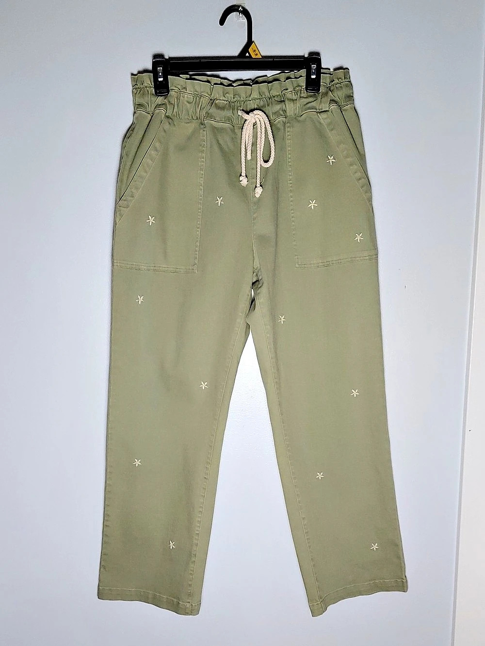 Electric & Rose Olive Green Utility Embroidered Floral Cotton Pull On Pants